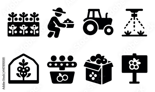 Agriculture icons: farming, tractor, greenhouse, irrigation, harvesting