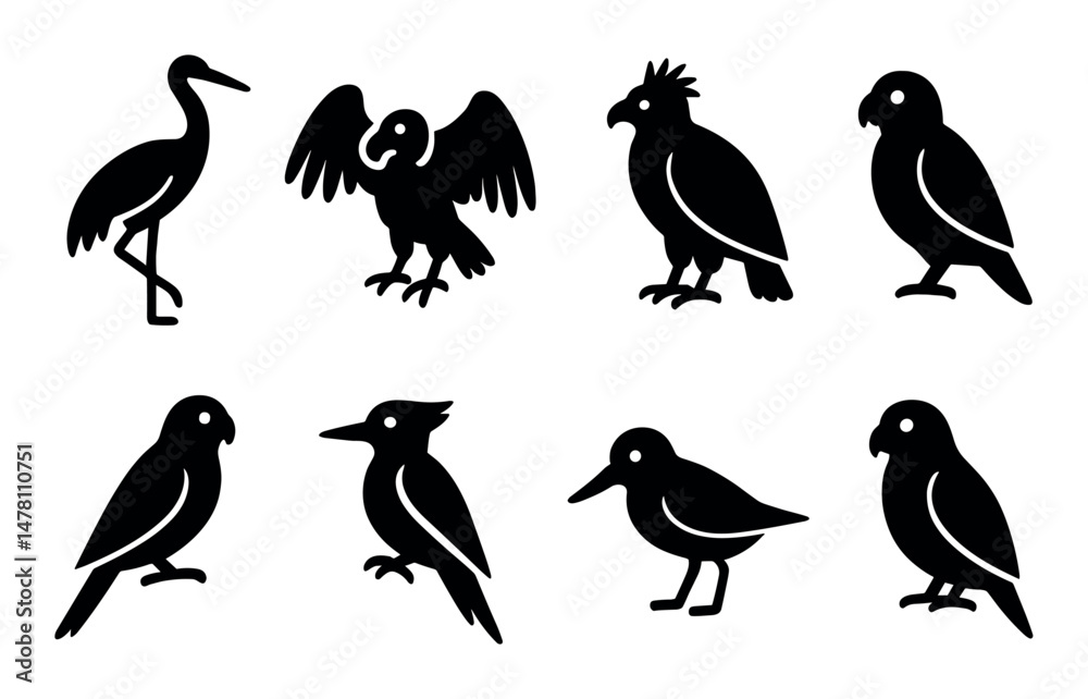 Naklejka premium Silhouette collection of diverse bird species in various poses
