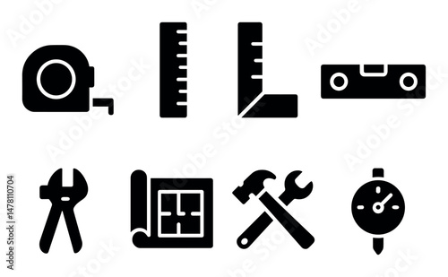 Black silhouette icons of measuring and construction tools