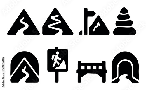 Black silhouette icons of mountains, hiking trails, tunnels, and cairns