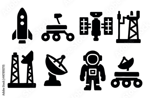 Space exploration icons: rocket, rover, satellite, astronaut set