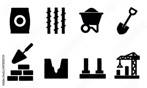 Construction icons: tools, equipment, and materials set
