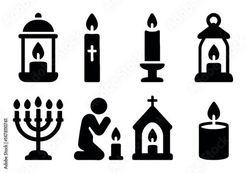 Religious symbols icons set – solid, silhouette, isolated faith and worship elements