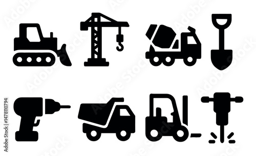 Construction equipment icons set: crane, drill, bulldozer, truck