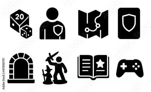 Role-playing icons: dice, map, adventure, shield, and book