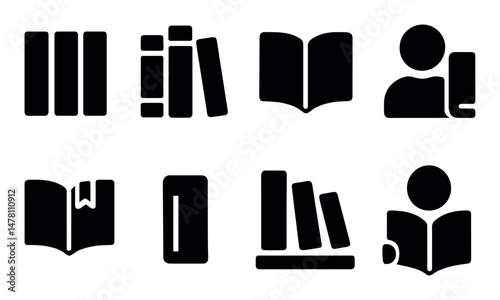 Library and reading icons set – solid, filled, silhouette, isolated books and literature symbols