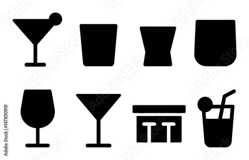 Drinkware icons set – silhouette, filled, solid, isolated glass and bar symbols