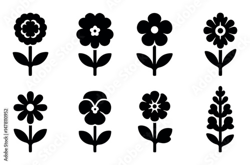 Set of eight black silhouette floral icons on white background