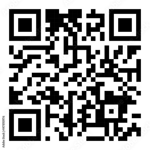 Detailed close-up of a black and white square QR code for information scanning, isolated on a clean white background