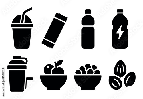 Smoothie, snack bar, bottles, fruit, cereal, and nuts icons set