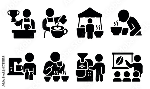 Coffee brewing icons: barista, tasting, brewing, equipment, education