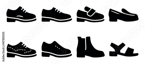 Various silhouettes of footwear styles including sandals and boots