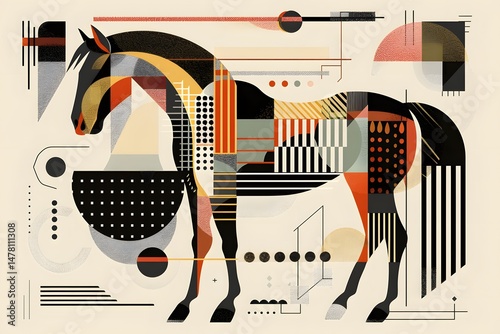 horse geometric abstract minimalism modern art stylized animal graphic design colorful shapes bold lines vector art illustration with symmetry