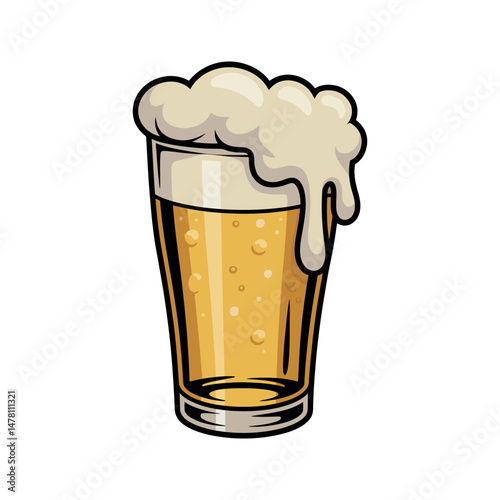A Pint of Frothy Beer in a Glass with Abundant Head and Bubbles