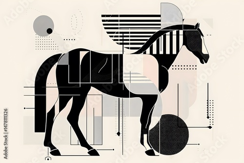 horse geometric abstract minimalism modern art stylized animal graphic design colorful shapes bold lines vector art illustration with symmetry