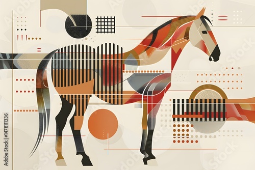 horse geometric abstract minimalism modern art stylized animal graphic design colorful shapes bold lines vector art illustration with symmetry