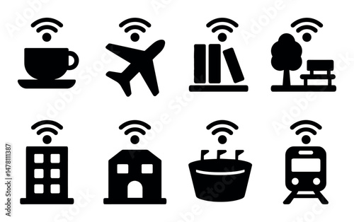 Wifi locations: cafe, travel, library, park, buildings, train, stadium