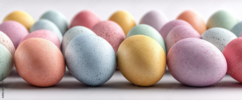 Obraz premium Pastel-colored speckled eggs arranged in a row. Perfect for Easter!