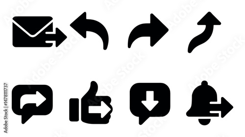 Set of communication and interaction icons: arrows, mail, chat, and notifications