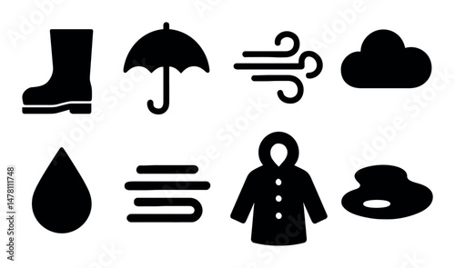 Weather icons collection: boots, umbrella, wind, cloud, raincoat
