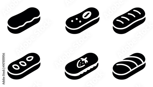 Six icons of eclairs and pastries in black and white