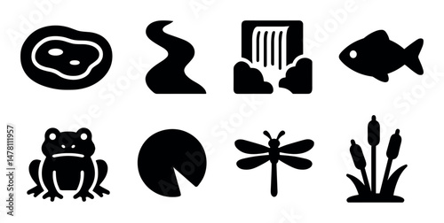 Nature and wildlife icons set – silhouette, solid, isolated pond and ecosystem symbols