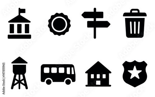 Set of eight black icons including bus, house, and trash can