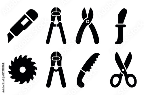Silhouette icons of common hand tools in black and white