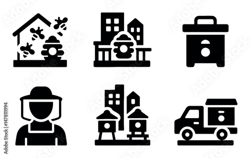 Beekeeping icons: hives, beekeeper, truck, urban honey production