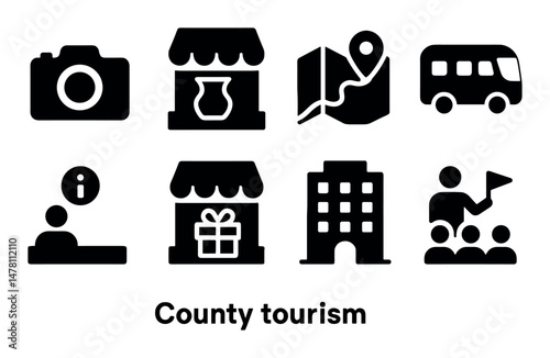 County tourism icons: camera, map, bus, hotel, souvenir shop