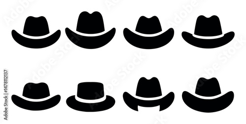 Set of black silhouette cowboy and top hats in various styles