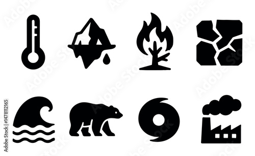 Climate change icons: temperature, iceberg, fire, drought, disaster