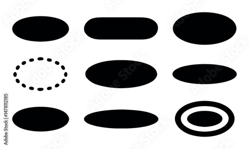 Collection of various black oval and ellipse shapes on white background