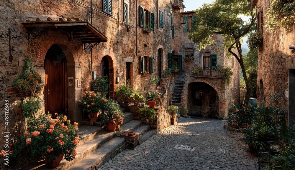Fototapeta premium Charming stone street in an old European town, bathed in warm sunlight. Flowers bloom in terracotta pots.