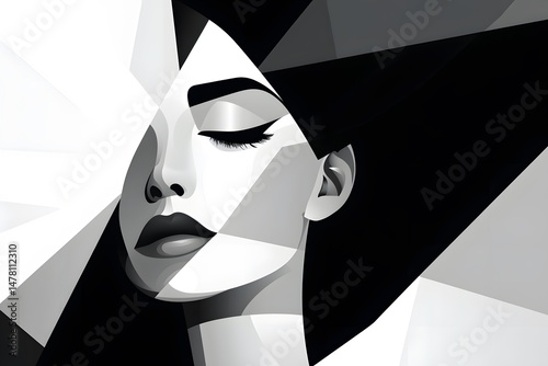 woman geometric abstract portrait black and white modern art minimalism vector art angular shapes stylized face graphic design contemporary beauty