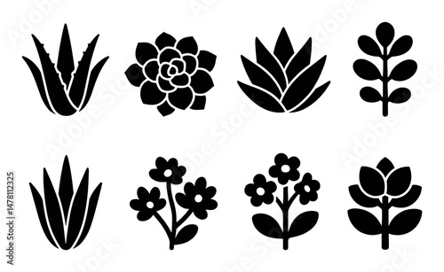 Collection of eight black silhouette plant and flower icons