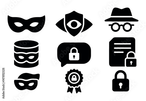 Silhouette icons of masks, locks, and security elements