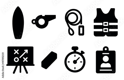 Sports equipment icons collection: surfboard, stopwatch, whistle