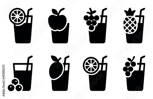 Black and white fruit juice icons featuring lemon, apple, grape, and pineapple