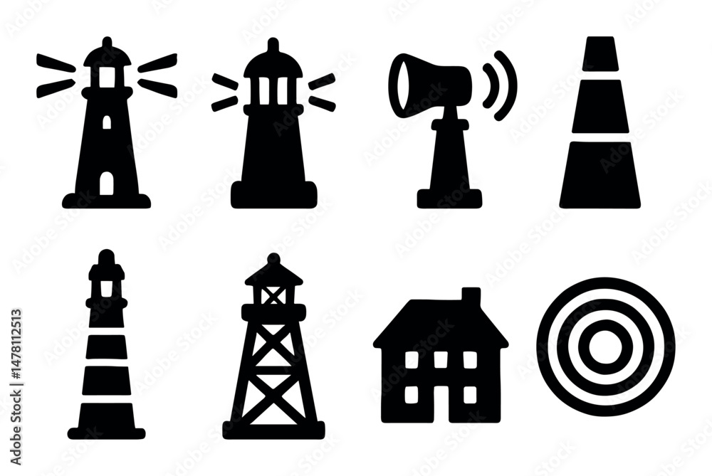 Set of 8 black silhouette icons including lighthouse and tower Set of 8 black silhouette icons including lighthouse and tower
