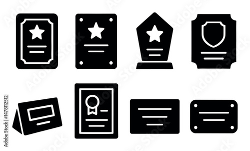 Set of eight black silhouette award plaques and certificates icons