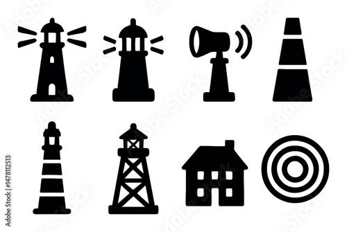 Set of 8 black silhouette icons including lighthouse and tower