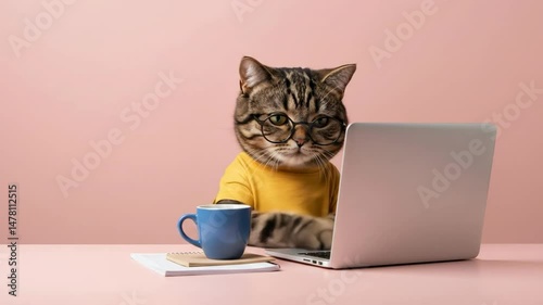 Funny tabby cat wearing glasses working on laptop at pink desk with coffee mug against studio pink background. Cute cat typing on computer. International Cat Day. Cat working creative humor video.