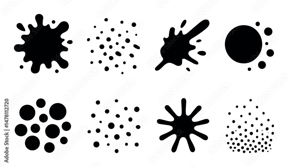 Set of eight black ink splatter and dot patterns in various shapes