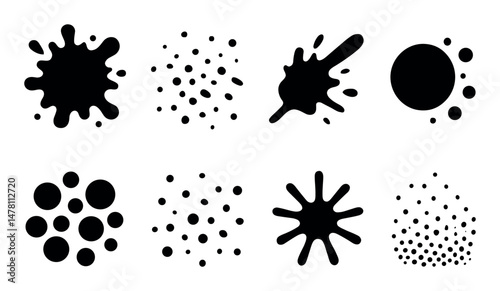 Set of eight black ink splatter and dot patterns in various shapes