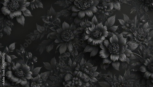 Intricate black charcoal floral wallpaper, elegant & luxurious design , stylish interior, flowers