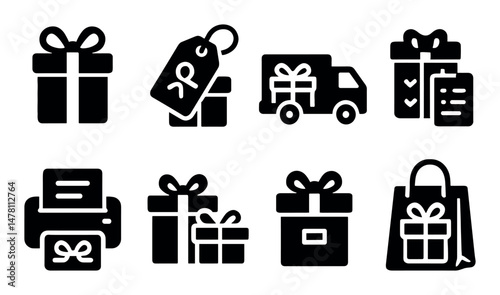 Black gift icons including present boxes, gift tags, and shopping bags