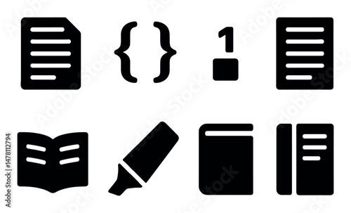 Set of black symbols: document, code, number, book, marker