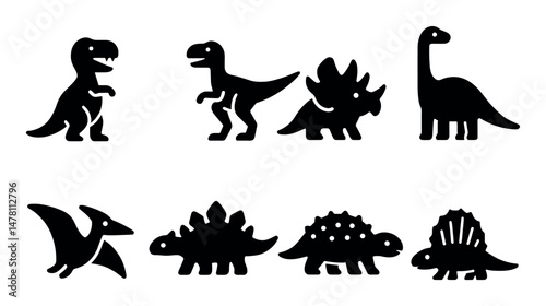 Dinosaur icons set – silhouette, isolated, solid prehistoric creature symbols