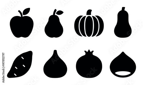 Silhouettes of various fruits and vegetables in black and white